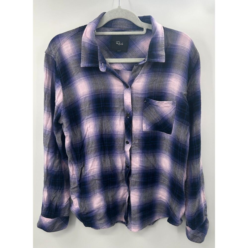 Rails Hunter Dusk Plaid Button Down Shirt Navy Orchid Blue 100% Rayon Large